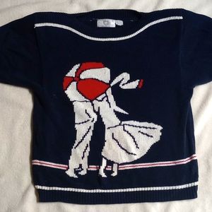 Short sleeve knit sweater couple kissing under an umbrella w/shoulder pads #006